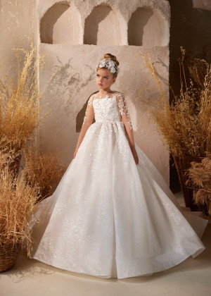 Sheer Long Sleeves Beaded White Lace Tulle Sparkly Flower Girl Dress